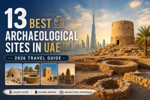 Collage of the 13 best archaeological sites in the UAE for a 2026 travel guide, highlighting ancient history and heritage