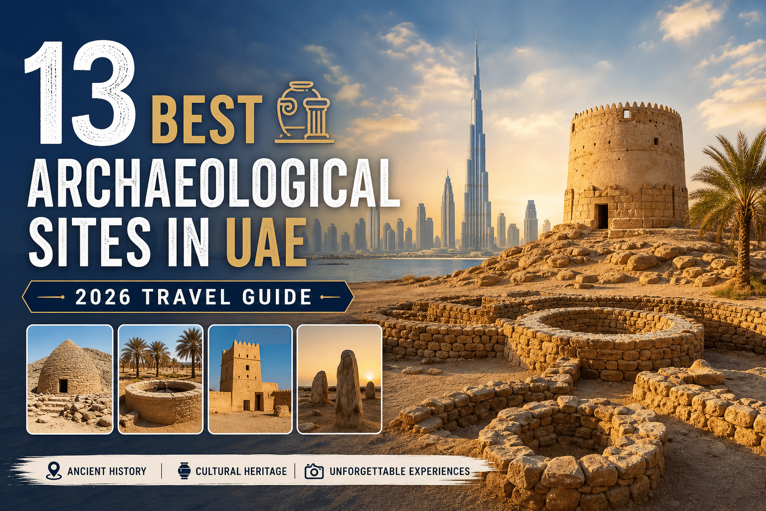 13 Best Tourist and Archaeological Sites in UAE 2026 (Travel Guide) Collage of the 13 best archaeological sites in the UAE for a 2026 travel guide, highlighting ancient history and heritage